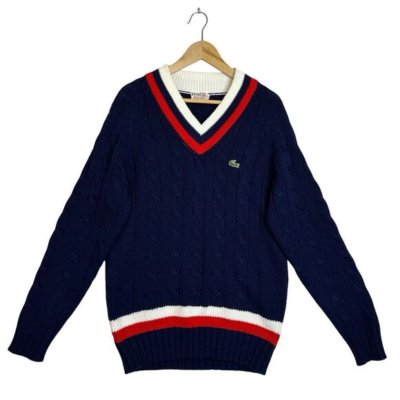 Izod Lacoste Other - Vintage IZOD LACOSTE Cable Knit V-neck Sweater Blue with Red & White Size XL